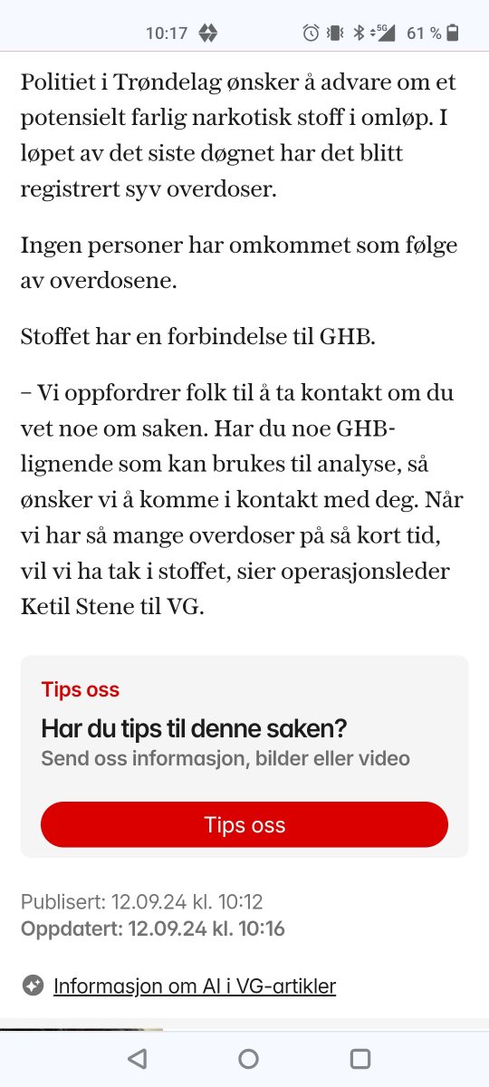 Hei <a href="/PolitiTrondelag/">Politiet i Trøndelag</a>
Risikerer de som tar kontakt og leverer stoff til dere straff? Kan være greit å si noe om det. vg.no/nyheter/i/Rz6J…