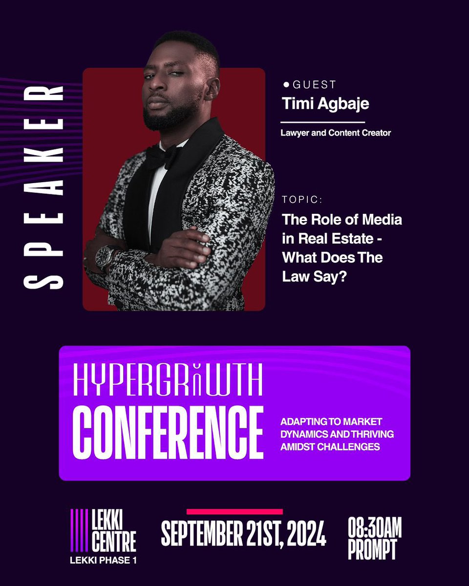 hypergrowth_afr's tweet image. Speaker Unveil.

@timi_agbaje would be a speaker at the Hypergrowth Conference 2024.

He would be speaking on: The Role of Media in Real Estate - What Does the Law Say?

Register here: bit.ly/HypergrowthByU…

See you on Saturday, 21st September 2024 🎉