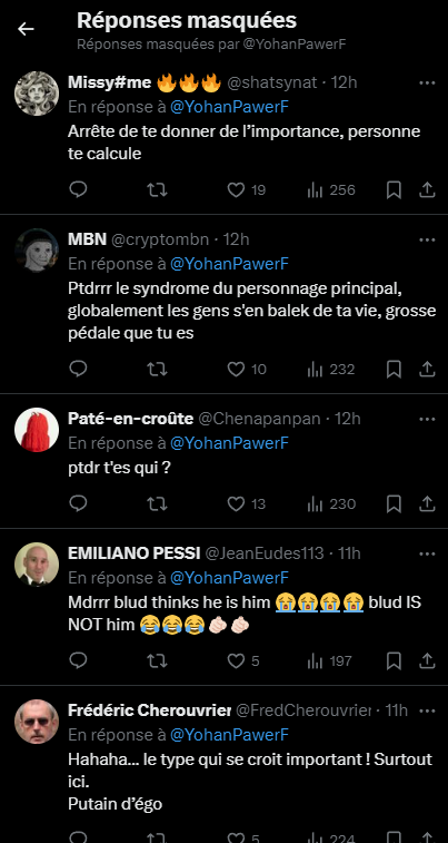Le mec fait le résistant courageux mais il bloque les réponses et masque ceux qui lui disent que c'est un random et que tout le monde s'en fout de lui 🤣🤣🤣