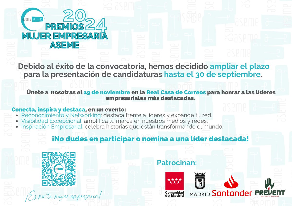 🌟 ¡Última oportunidad para inscribirte en los Premios Mujer Empresaria ASEME! 🌟
Nueva fecha límite: 30 de septiembre.
Inscribe tu talento aquí: aseme.es/premios-mujer-…
#premiosmujerempresaria #mujerempresaria