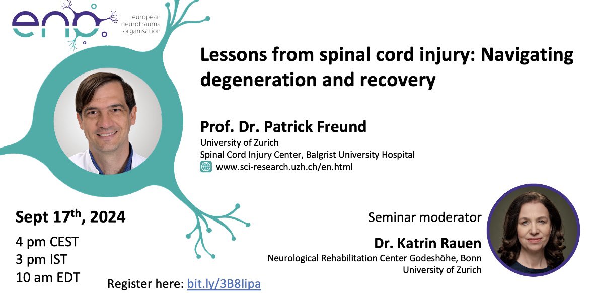 European Neurotrauma Organisation (ENO) (@enoneurotrauma) on Twitter photo 🔔ENO webinar is back!! 🔔
Join us next Tuesday with Prof. Dr. Patrick Freund who will discuss his research on spinal cord injury, with moderator <a href="/KatrinRauen/">Katrin Rauen</a>!
Register here ✏️ bit.ly/3B8Iipa 🔔ENO webinar is back!! 🔔
Join us next Tuesday with Prof. Dr. Patrick Freund who will discuss his research on spinal cord injury, with moderator <a href="/KatrinRauen/">Katrin Rauen</a>!
Register here ✏️ bit.ly/3B8Iipa