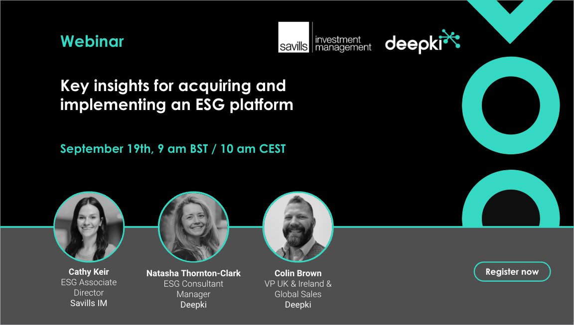 🗓 Only one week to go! Have you registered? 

Don’t miss your chance to hear from @Deepki and <a href="/Savills/">Savills</a> Investment Management in an exciting webinar on ‘Key insights for acquiring and implementing an ESG platform.’

Click to register 👉 bit.ly/3Zo0UvK

#ESG #Savills
