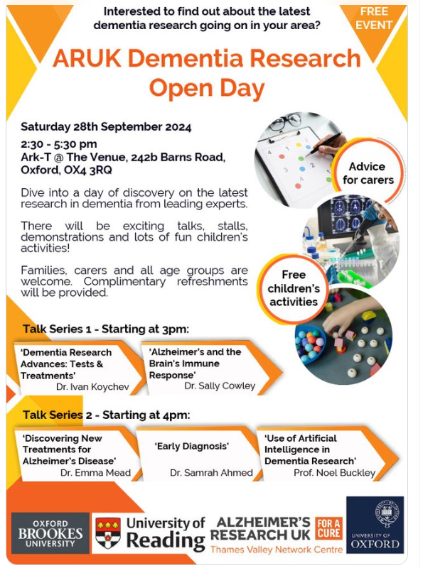 ARUK Thames Valley Network (@arukthamesv) on Twitter photo Please come along to our Network's <a href="/AlzResearchUK/">Alzheimer's Research UK</a> Open Day, to find out about the latest research in the Thames Valley area.
Saturday 28th September at 2.30pm <a href="/ArkTOxford/">ArkTOxford</a>
#dementia #research #universityofoxford #oxfordbrookes #readinguniversity Please come along to our Network's <a href="/AlzResearchUK/">Alzheimer's Research UK</a> Open Day, to find out about the latest research in the Thames Valley area.
Saturday 28th September at 2.30pm <a href="/ArkTOxford/">ArkTOxford</a>
#dementia #research #universityofoxford #oxfordbrookes #readinguniversity