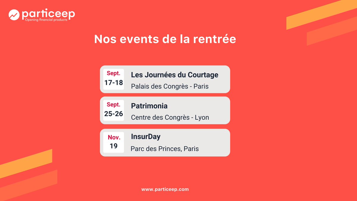 #Events-Rentrée, l’agenda des événements où rencontrer notre équipe 🌟

🚀 Cette rentrée, l'équipe de #Particeep est enthousiasmée à l'idée de participer à trois événements majeurs du secteur cette année.

🔗 Plus de détails : bit.ly/3Zk2XRi

#EvénementFintech #Finance