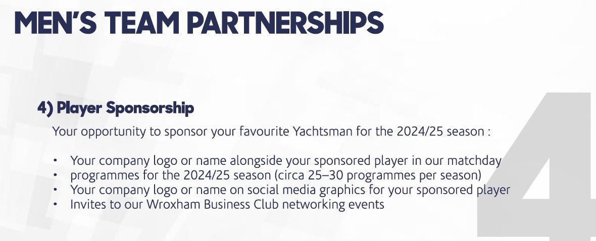 Wroxham FC (@the_yachtsmen) on Twitter photo We still have 7️⃣ players available for sponsorship
<a href="/OllieBates10_/">Ollie Bates</a>
Harvey Peters
Haydn Davis
<a href="/CParks08/">Craig Parker</a>
Jacek Zielonka
<a href="/M01Campbell/">Cambiasso</a>
<a href="/Jforbes_11/">Jordan Forbes</a>
Plus our fab sports therapist <a href="/beckedgeST/">Becky Edge - Sports Therapist</a>
£150 per player
📧 james@wroxhamfc.club We still have 7️⃣ players available for sponsorship
<a href="/OllieBates10_/">Ollie Bates</a>
Harvey Peters
Haydn Davis
<a href="/CParks08/">Craig Parker</a>
Jacek Zielonka
<a href="/M01Campbell/">Cambiasso</a>
<a href="/Jforbes_11/">Jordan Forbes</a>
Plus our fab sports therapist <a href="/beckedgeST/">Becky Edge - Sports Therapist</a>
£150 per player
📧 james@wroxhamfc.club