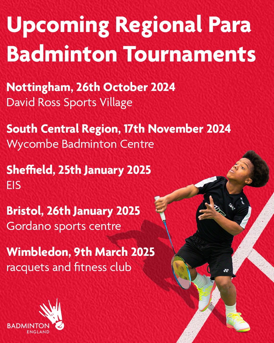 Here are our upcoming regional Para Badminton Tournaments! 🏸

Some great events to get on court for both experienced and new players 💪

More information can be found here: badmintonengland.co.uk/on-court/para-…