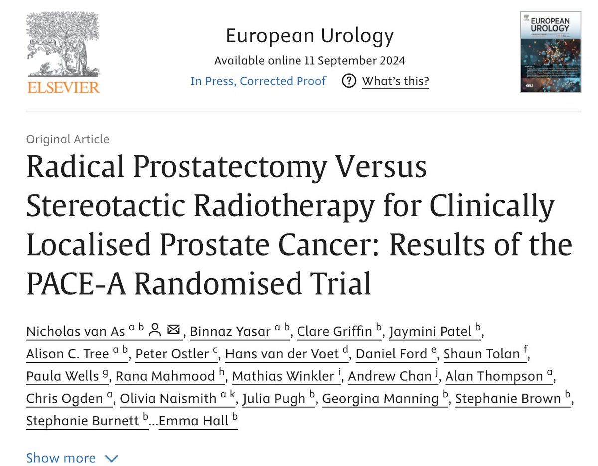 Advanced Prostate Cancer Consensus Conference (@apccc_lugano) on Twitter photo Radical Prostatectomy Versus Stereotactic Radiotherapy for Clinically Localised Prostate Cancer: Results of the PACE-A Randomised Trial out in <a href="/EUplatinum/">European Urology</a>
sciencedirect.com/science/articl…
The PACE-A trial is a phase 3⃣ randomized study comparing patient-reported outcomes between Radical Prostatectomy Versus Stereotactic Radiotherapy for Clinically Localised Prostate Cancer: Results of the PACE-A Randomised Trial out in <a href="/EUplatinum/">European Urology</a>
sciencedirect.com/science/articl…
The PACE-A trial is a phase 3⃣ randomized study comparing patient-reported outcomes between