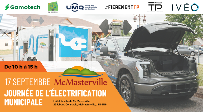 ⚡Journée de l’électrification municipale 
🗓️Mardi 17 septembre
📍McMasterville  
🎟️urlz.fr/s99D
Vous pourrez rencontrer <a href="/UMQuebec/">Union des municipalités du Québec (UMQ)</a> et discuter de ses 3 regroupements d’achats en électrification des transports ainsi que de ses autres services !
#véhiculeélectrique #VÉ