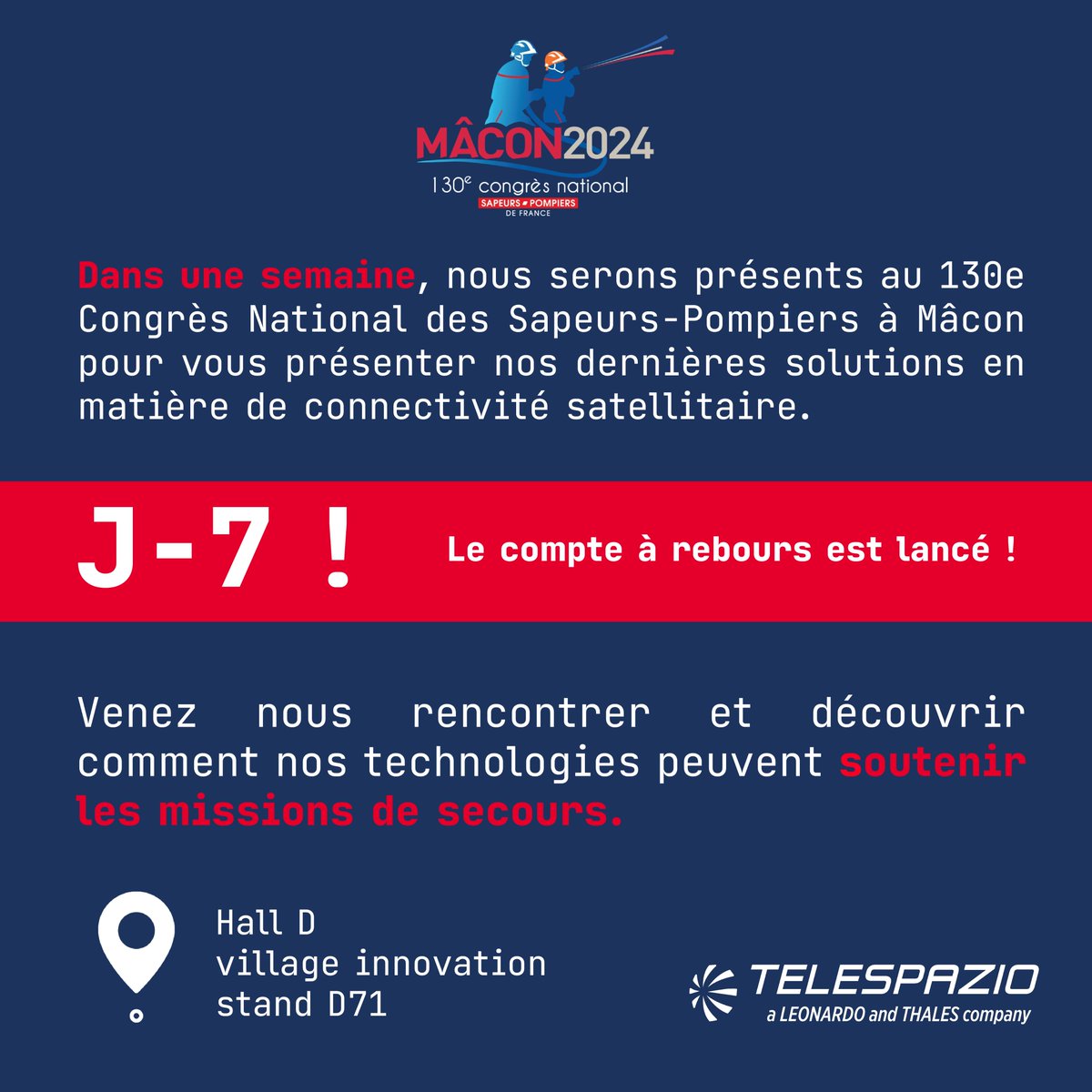 Telespazio France (@telespaziofr) on Twitter photo ⏳ J-7 avant le <a href="/cnspf2024/">Congrès national des sapeurs-pompiers - Mâcon 2024</a> !🚒
📍 Rendez-vous au Hall D, village innovation, stand D71.
🎟️ Téléchargez gratuitement votre badge d’accès ici : urlr.me/bLxrj
Nous serons ravis de vous accueillir et de partager avec vous nos dernières #innovations.
#CongrèsPompiers ⏳ J-7 avant le <a href="/cnspf2024/">Congrès national des sapeurs-pompiers - Mâcon 2024</a> !🚒
📍 Rendez-vous au Hall D, village innovation, stand D71.
🎟️ Téléchargez gratuitement votre badge d’accès ici : urlr.me/bLxrj
Nous serons ravis de vous accueillir et de partager avec vous nos dernières #innovations.
#CongrèsPompiers