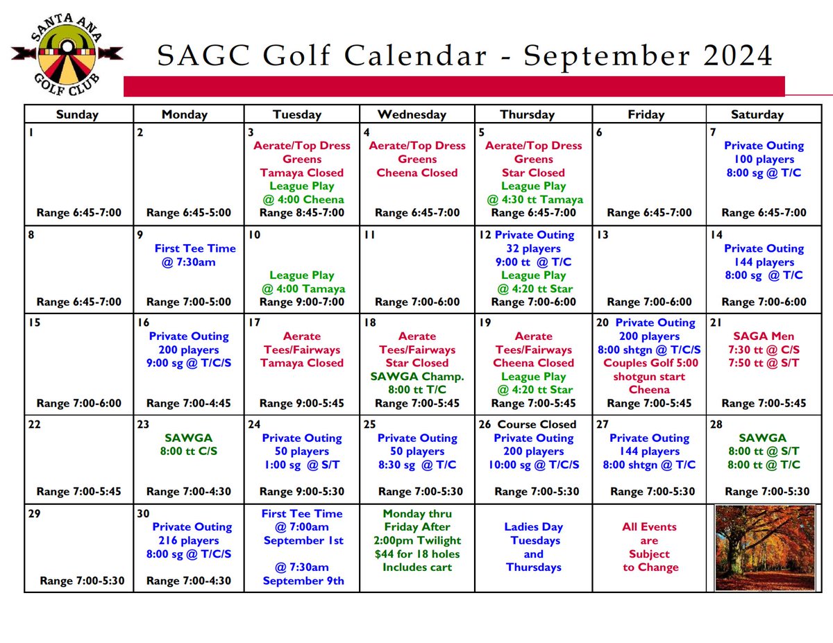 Please note some range closing changes in the updated calendar.  You can always access our calendar from the Golf Course tab at our website santaana.mynewmexicogolf.com/golf-course/ca…