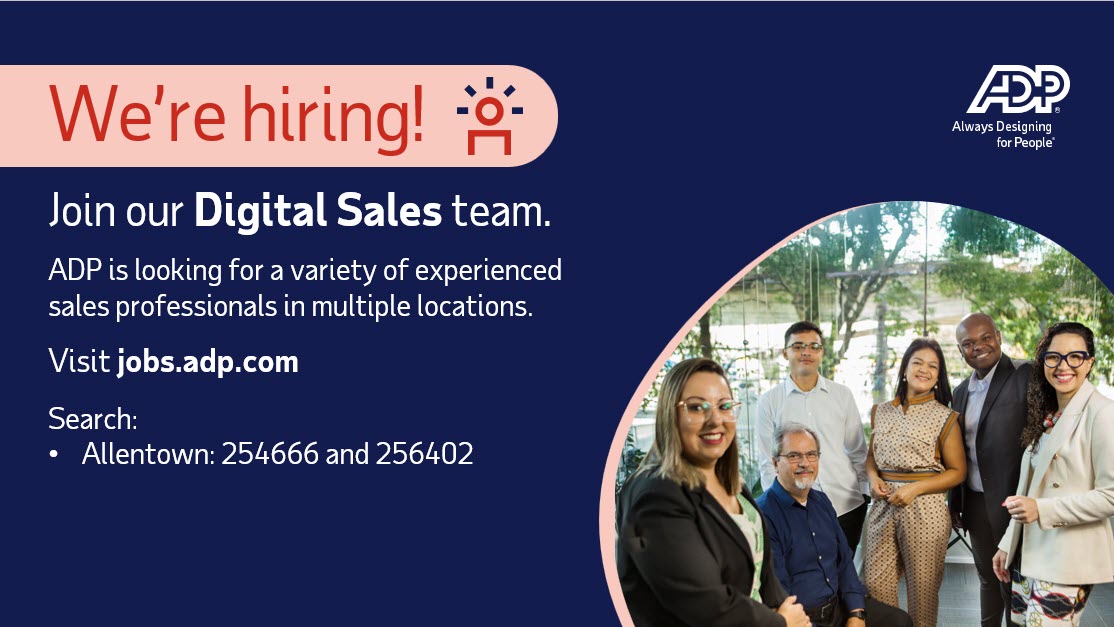 We are #hiring #sales roles in #Allentown! Apply today:
adp.careers/4ehrvi8 and adp.careers/47qkA3N

#ADPLife #Career #SalesCareer #Hiring #AllentownJobs