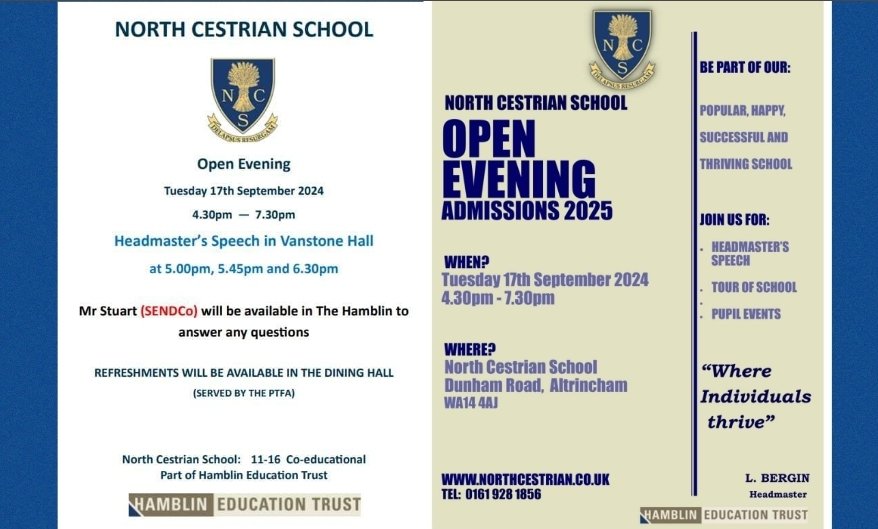NCSPTFA's tweet photo. Next Tuesday 17th September from 4.30-7.30pm we will be welcoming prospective students and their families to North Cestrian School. https://t.co/yTCk66NeXK