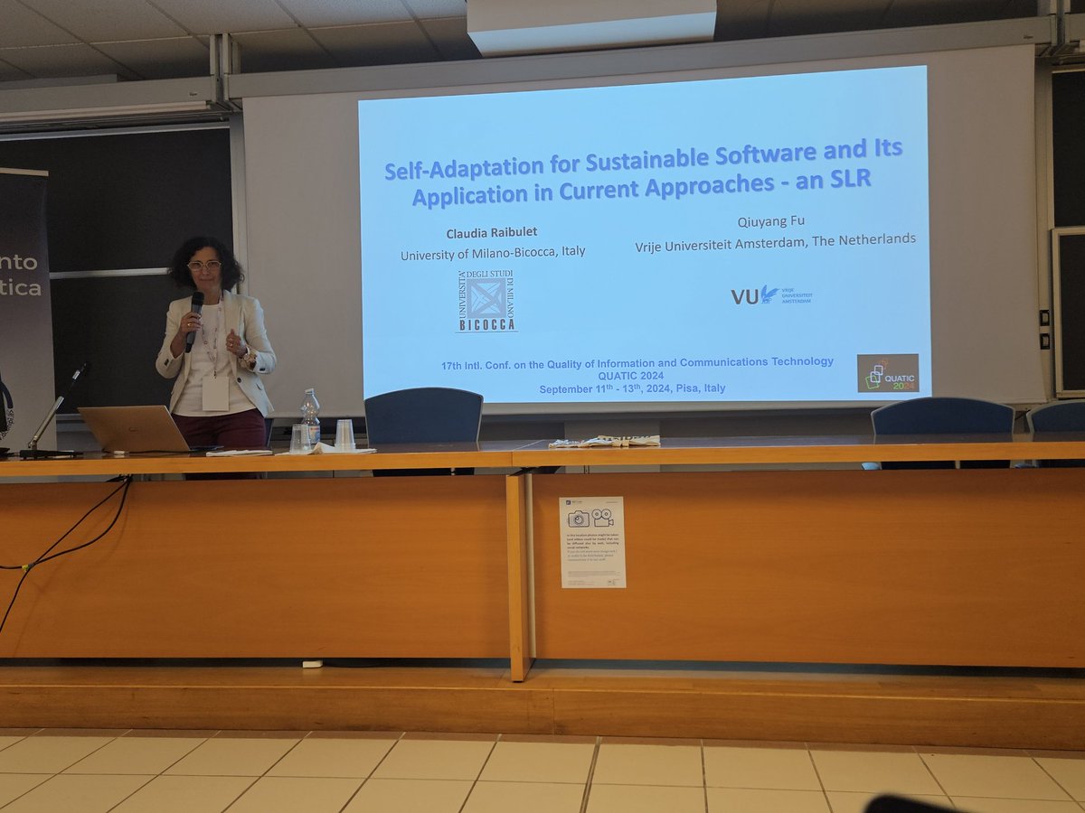 Last but non least presentation of the session, Claudia Raibulet presents Self-Adaptation for Sustainable Software and Its Application in Current Approaches — A SLR  #QUATIC2024