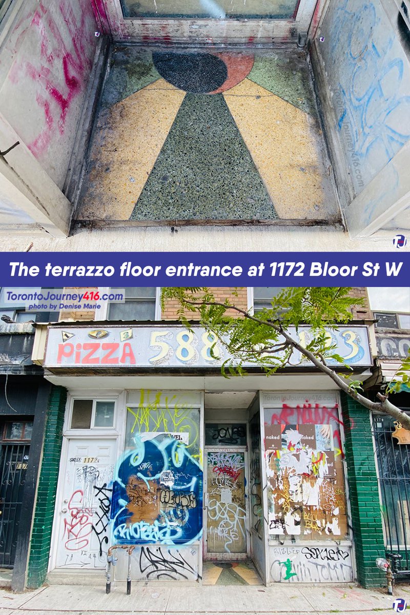 ✨The entrance of 1172 Bloor St W, between Russett Ave and Pauline Ave in #Toronto’s Bloordale Village neighbourhood, features a terrazzo floor adorned with a blend of gold, green, red, and black patterns.

✨Historical records from the 1930 through 1961 Toronto City Directory