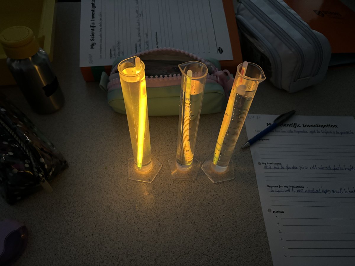 Year 6 have been investigating how the temperature of water affects the brightness of glow sticks in Science today. They discovered the hotter the water the brighter the glow!