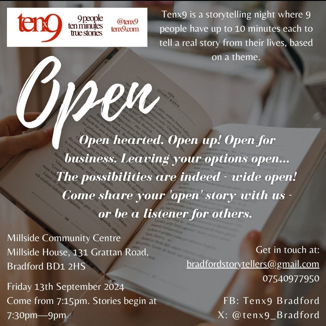 Ey up #Bradford folks. We are back tomorrow evening for some quality storytelling at <a href="/Millside_Centre/">The Millside Centre</a> and doors  'open' from 7:15pm... come and hear stories on the them of open. All welcome.