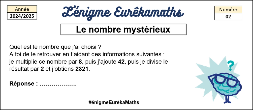 Chaque lundi, l'#énigme #EurêkaMaths revient pour les élèves de #CM et de #6e.
Aujourd'hui, l'#énigme n°02 : le nombre mystérieux.
Avec <a href="/DefiEurekaMaths/">EurêkaMaths</a>, on s'entraide et on réussit.
Ensemble, on est plus forts.
<a href="/mathsenvie/">M@ths en-vie</a> <a href="/classeTICE/">Christophe GILGER</a>
<a href="/Apmep_Nat/">APMEP Nationale</a> <a href="/eduscol_prim/">éduscol Primàbord</a>
 <a href="/LesMathsEnScene/">LES MATHS En SCENE #LMES</a>