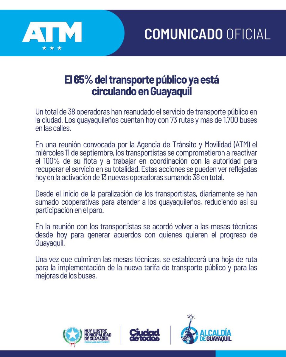 ATMGuayaquil's tweet photo. El 65% del transporte público ya está circulando en Guayaquil. https://t.co/t9Hink3uKs