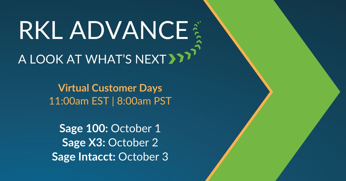 RKL Advance Customer Virtual Days are less than a month away! Discover best practices to enhance your business processes while engaging with industry peers and our expert RKL Team. 

Register using the link below by choosing your Sage Product Day. 
 hubs.ly/Q02PtNSL0