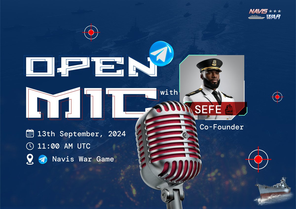 NavixEcosystem's tweet photo. Set course for INSIGHT 😎🔥🚀

Join us for an open mic session with Navis War Game Co-Founder, @Sefecrypto, as he charts the journey from concept to launch! 🚀

🔹Ask questions, 🙋‍♂️
🔹Gather intel ℹ️,
🔹And get ready to dive deeper into the world of Naval Warfare Gaming! 🎮⚔️💣

📅13th September, 2024
📍Telegram: https://t.co/0TVniPqRck
⌚11:00 AM UTC

#naviswargame #openmic #telegram #TON #wargaming #Blockchain #Web3 #Web3Community #Web3Gaming #NFT