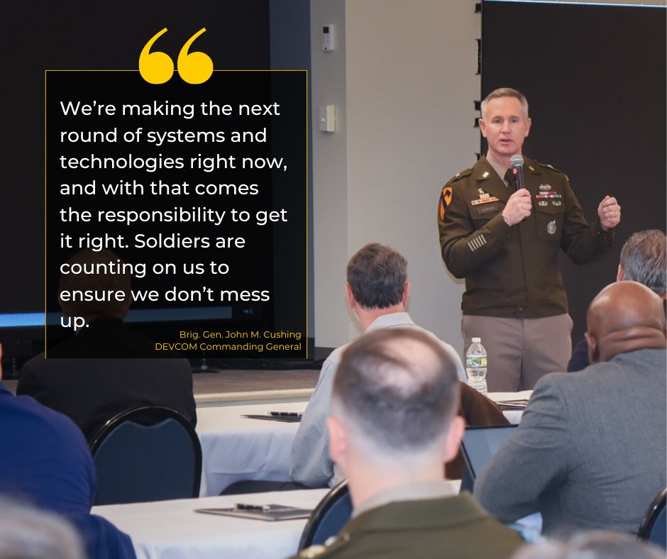 MCoEFortBenning's tweet photo. "We’re making the next round of systems and technologies right now, and with that comes the responsibility to get it right. Soldiers are counting on us to ensure we don’t mess up." -@usarmy_devcom Commander, Brig. Gen. John M. Cushing on DEVCOM's mission. https://t.co/ANu0FH3Smz
