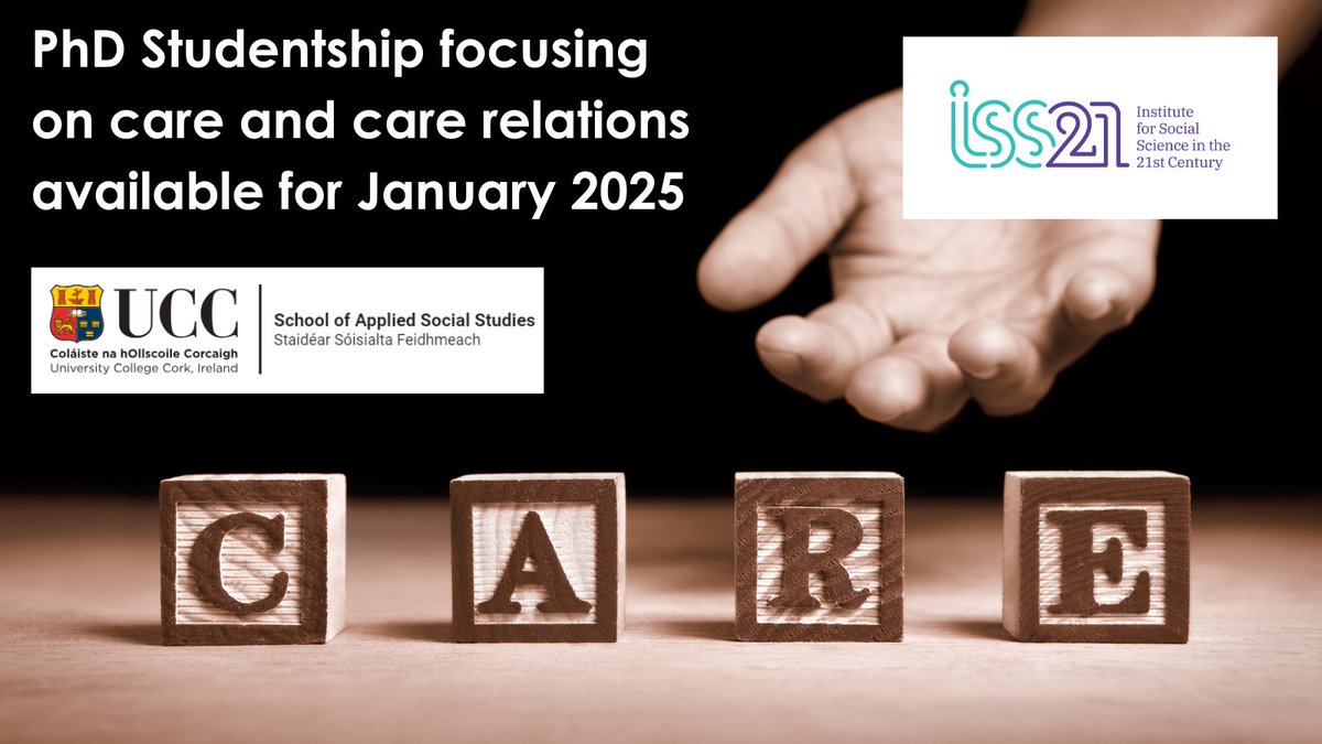 ⭐️A PhD Studentship Opportunity focusing on care &amp; care relations in contemporary society is available at UCC from Jan 2025⭐️
The studentship will be hosted by <a href="/ISS21UCC/">ISS21</a>  in conjunction with <a href="/UCCAppSoc/">AppliedSocialStudies</a> 
Application deadline: Fri 8th Nov 24
More info⬇️
ucc.ie/en/iss21/newsa…