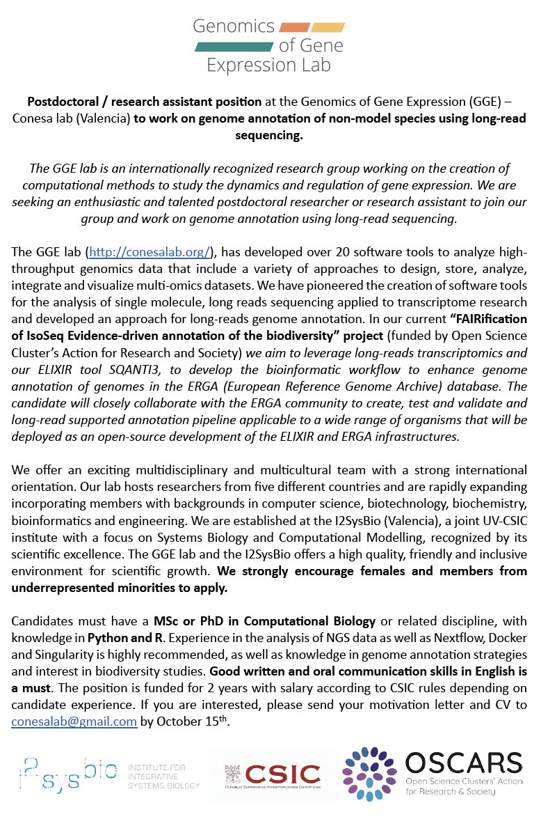 Conesa Lab (@conesa_lab) on Twitter photo New position alert🚨!! are you a graduate or postdoc in #ComputationalBiology? Are you interested in long-reads and genome annotation? Come and join the <a href="/Conesa_Lab/">Conesa Lab</a> on our @oscars_eu project! You can find more info here: conesalab.org/join-our-lab/ New position alert🚨!! are you a graduate or postdoc in #ComputationalBiology? Are you interested in long-reads and genome annotation? Come and join the <a href="/Conesa_Lab/">Conesa Lab</a> on our @oscars_eu project! You can find more info here: conesalab.org/join-our-lab/