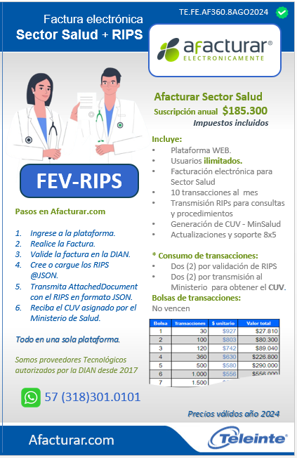 afacturar's tweet photo. FEV: Factura Electrónica de Venta y RIPS: Registro Individual de Prestación de Servicios de Salud

En una sola plataforma.
Resolución 2275 de 2023 Mn Salud.

Antes de poder cobrar los servicios, las empresas sector Salud tienen que reportar al ministerio y obtener el CUV. https://t.co/Z30Hn7WtDL