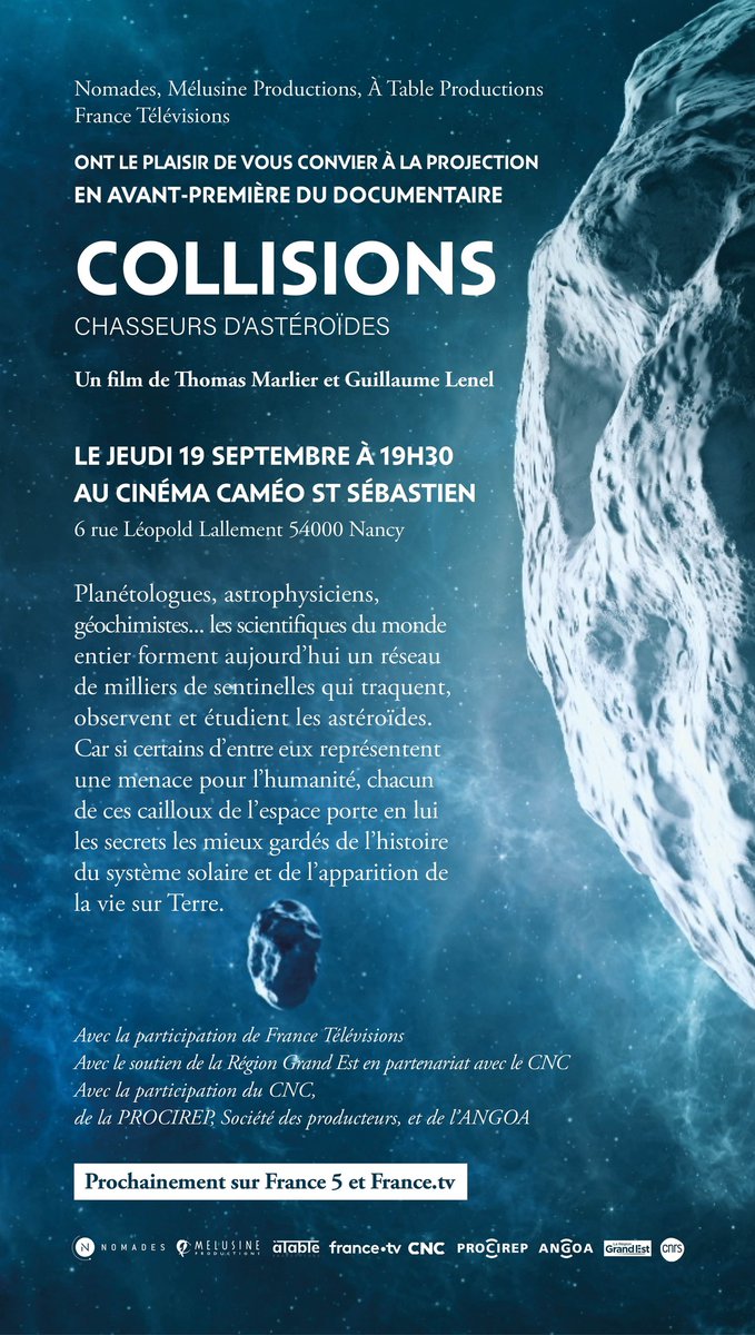 SG Organisation (@sgorganisation) on Twitter photo Rendez-vous le jeudi 19 septembre à 19h30 au <a href="/CameoNancy/">Caméo Officiel Nancy</a> pour découvrir en avant-première le documentaire "Collisions, chasseurs d'astéroïdes", réalisé par Thomas Marlier et Guillaume Lenel.
SÉANCE GRATUITE 🎬
INSCRIPTION 👇
docs.google.com/forms/d/e/1FAI… Rendez-vous le jeudi 19 septembre à 19h30 au <a href="/CameoNancy/">Caméo Officiel Nancy</a> pour découvrir en avant-première le documentaire "Collisions, chasseurs d'astéroïdes", réalisé par Thomas Marlier et Guillaume Lenel.
SÉANCE GRATUITE 🎬
INSCRIPTION 👇
docs.google.com/forms/d/e/1FAI…