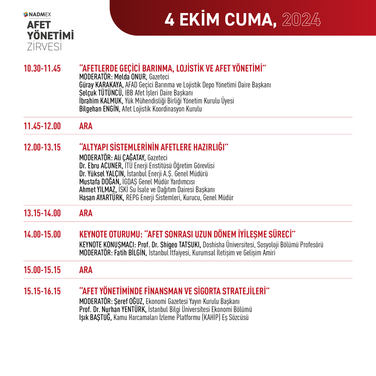 NADMEX 2024 Afet Yönetimi Zirvesi Programı Hazır! ✅

🎯 Zirvede dinleyici olmak için davetiyenizi nadmex.com/ziyaretci-olun/ linkinden almayı unutmayın!

#NADMEX #AfetYönetimiZirvesi #DisasterManagementSummit #İstanbulFuarMerkezi #IstanbulExpoCenter #ZirveProgramı #SummitProgram