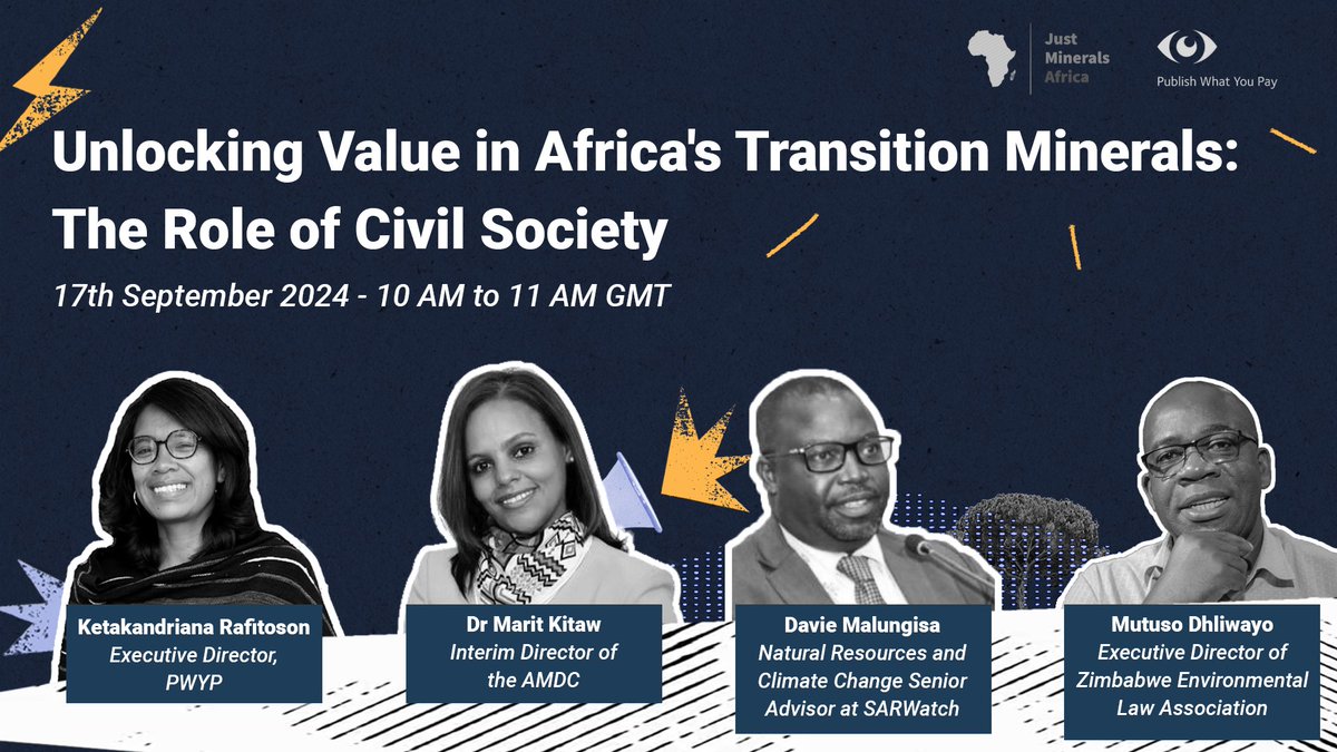 📅  Webinar Alert! 

Join us to discuss how civil society can help drive sustainable development through local processing of #transitionminerals &amp; regional cooperation. 
🗓️Sept 17, 10AM-11 AM GMT
🌐 In FR &amp; EN

📍Registration: us02web.zoom.us/meeting/regist… 

#JustMineralsAfrica