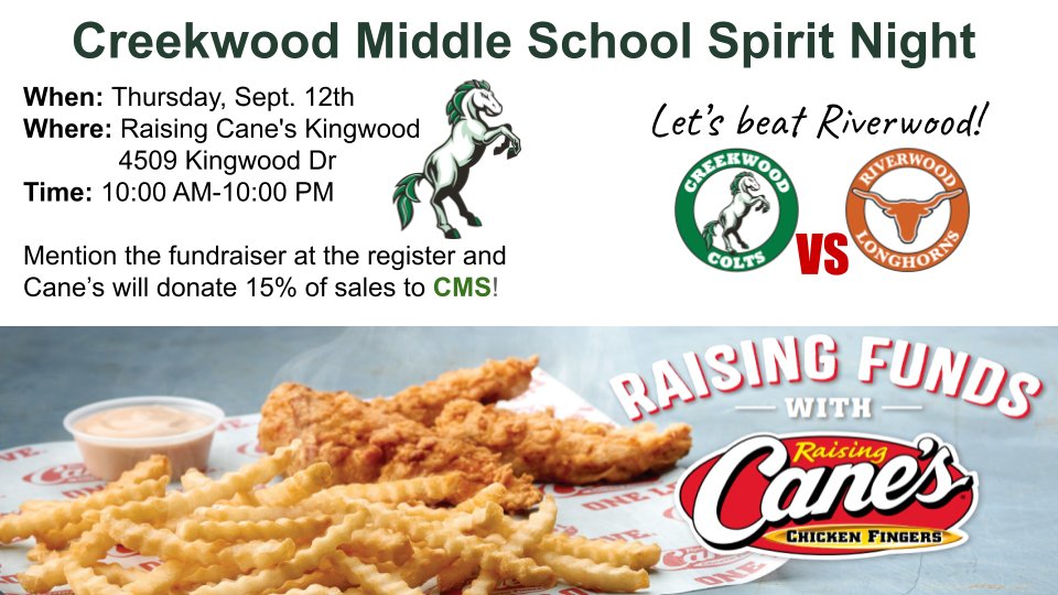 CMS Boys Athletics (@cmscolts_ath) on Twitter photo Raising Canes Spirit Night TODAY!! Just mention CMS and 15% of sales go Creekwood. Let’s beat RMS!
<a href="/HumbleISD_CMS/">Creekwood Middle</a> #theColtWay Raising Canes Spirit Night TODAY!! Just mention CMS and 15% of sales go Creekwood. Let’s beat RMS!
<a href="/HumbleISD_CMS/">Creekwood Middle</a> #theColtWay