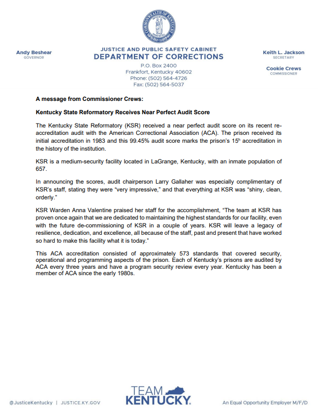 KYCorrections's tweet photo. Kentucky State Reformatory Receives Near Perfect Audit Score https://t.co/1XPrtOnNs3