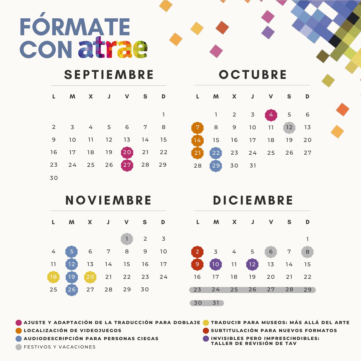 Si te interesa la traducción audiovisual, fórmate con <a href="/ATRAE_ORG/">ATRAE</a>.

De aquí a final de año tenemos cursos de ajuste, localización de videojuegos, audiodescripción, traducción para museos, subtitulación de nuevos formatos y revisión.

¿Te apuntas? 📝
+info: atrae.org/actividades-20…