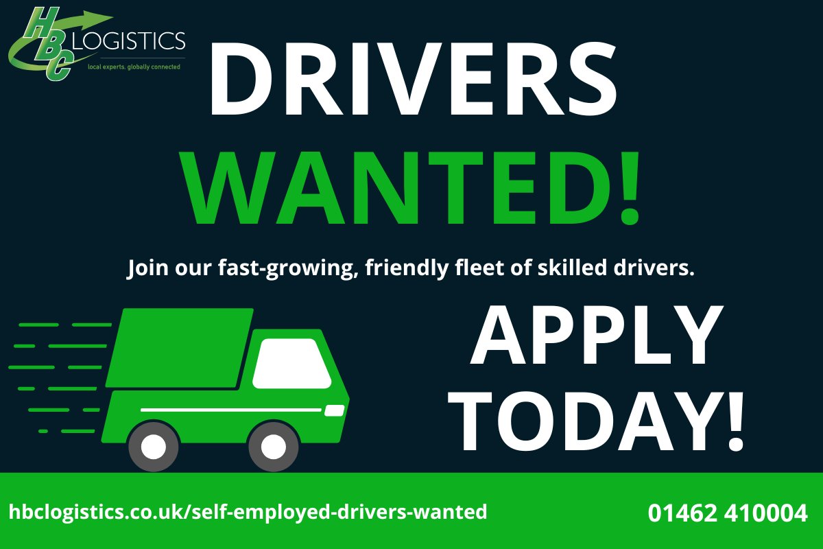 SELF-EMPLOYED DRIVERS WANTED! 

HBC Logistics are looking for full-time drivers (must be over the age of 25) to carry out deliveries for our successful logistics company based in Biggleswade.

Apply today! Fill in our application form here: hbclogistics.co.uk/self-employed-…