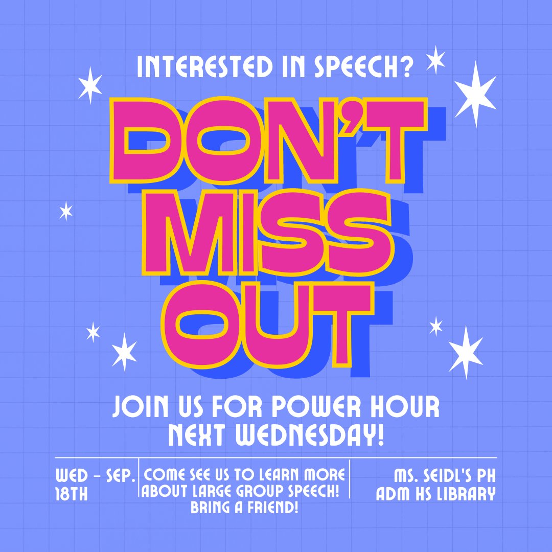 ADMSpeech's tweet photo. Did you hear you can join us NEXT WEDNESDAY 9/18 to learn about all the different Large Group categories? Sign up for Mrs. Seidl's Power Hour to learn more about how awesome speech is. We promise there is a place and category in speech for EVERYONE! See you there! https://t.co/l0KJLvORL4
