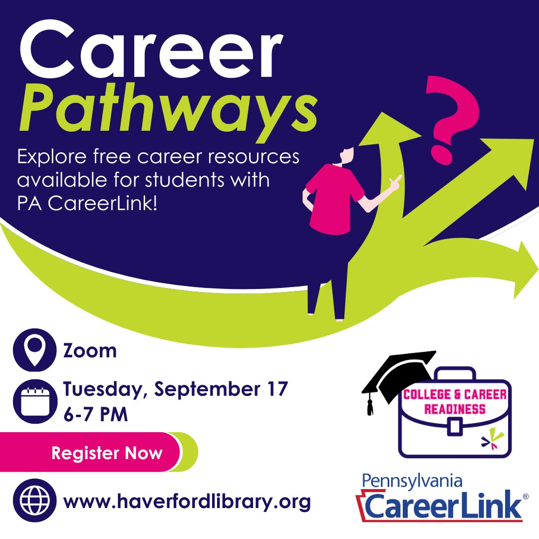 🔎Did you know that PA CareerLink has tons of free career resources available for students? Learn about the Holland Code assessment, O*NET, and more in this virtual webinar for students and parents. Register now for this free 1 hour webinar! #htfl #havertownpa #delcolibraries