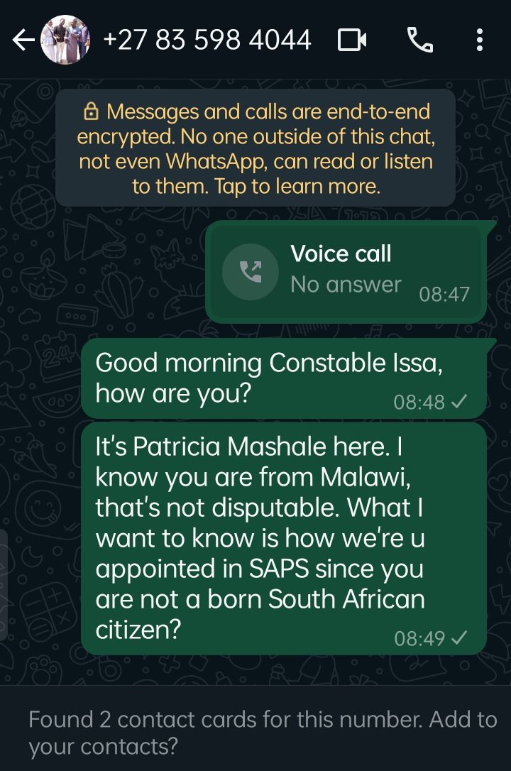 PatrioticMedia1's tweet photo. MALAWIAN SAPS MEMBER BACK AT WORK
According to whistleblower @PATRICIAMASHAL3 , constable Issa who went home to Malawi for some time, is back at work in Klerksdorp @SAPoliceService . https://t.co/9S3XtHFYk8