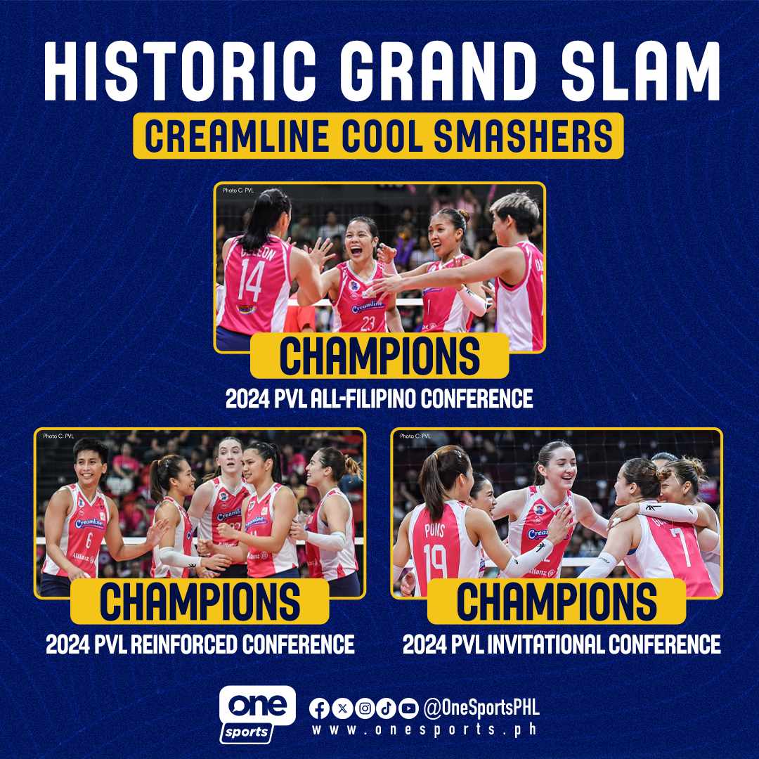 OneSportsPHL's tweet image. GRAND SLAM ICONS 👑

Just a week after securing the Reinforced Conference title, the Creamline Cool Smashers triumph once again, claiming the 2024 PVL Invitational Conference championship, completing the jewels for their Grand Slam crown!

#PVL2024 #PVLonOneSports #OneSports