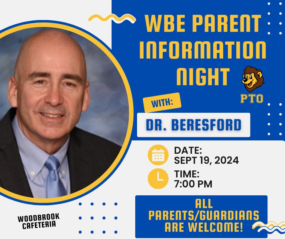 Mark your calendars for one week from tonight!  Thursday, September 19th, we will have the opportunity to host Dr. Beresford at Woodbrook for a parent informational session.  Hope to see all of you there!