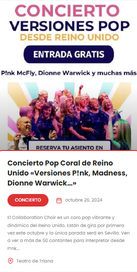 CONCIERTO POP CORAL DE REINO UNIDO "Versiones P!ink,  Madness, Dionne Warwick..."
Entradas disponibles en este link   entradas.planeasevilla.com/index.php?even………26 oct 2024 - 20:00
Qué no te lo cuenten, Planea Sevilla...