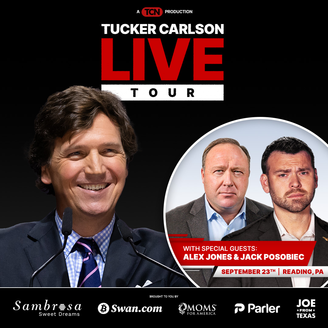 TuckerCarlson's tweet image. We’re excited to announce that Jack Posobiec will be joining us and Alex Jones on tour in Reading, PA. This is going to be great.
We hope to see you there on September 23rd.
tuckercarlson.com/events