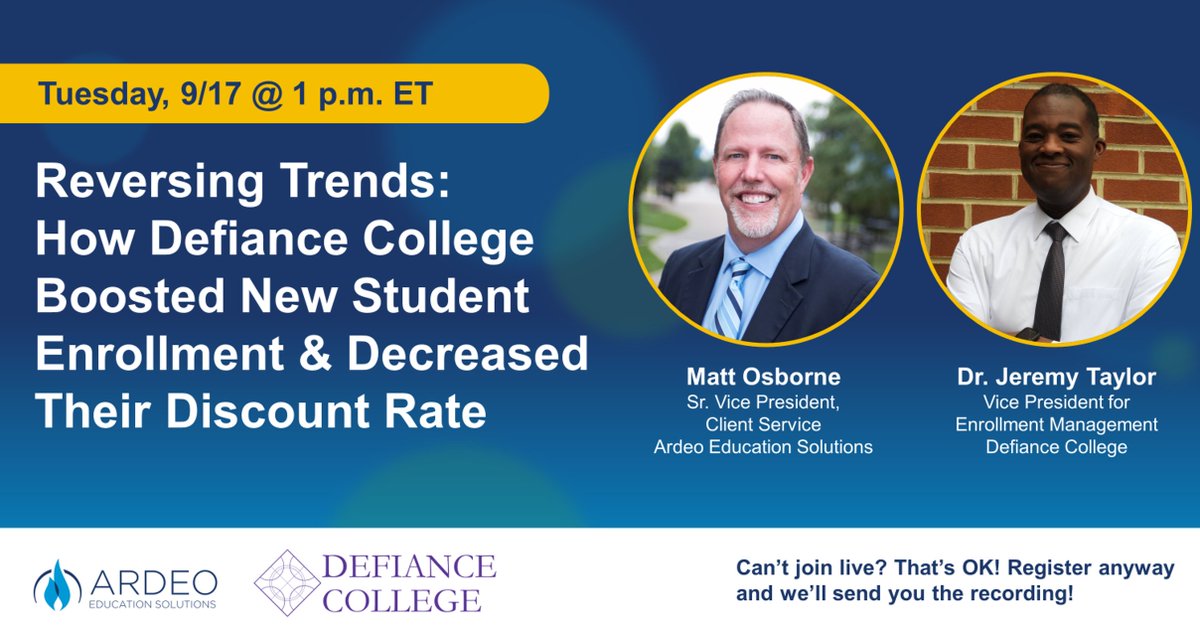 Join our live webinar on 9/17 @ 1 p.m. ET for a discussion with Defiance College to explore how Ardeo’s yield tool helped them increase new student enrollment by 78% for Fall 2024! #enrollmentmgmt #highered loom.ly/kHWyRrg