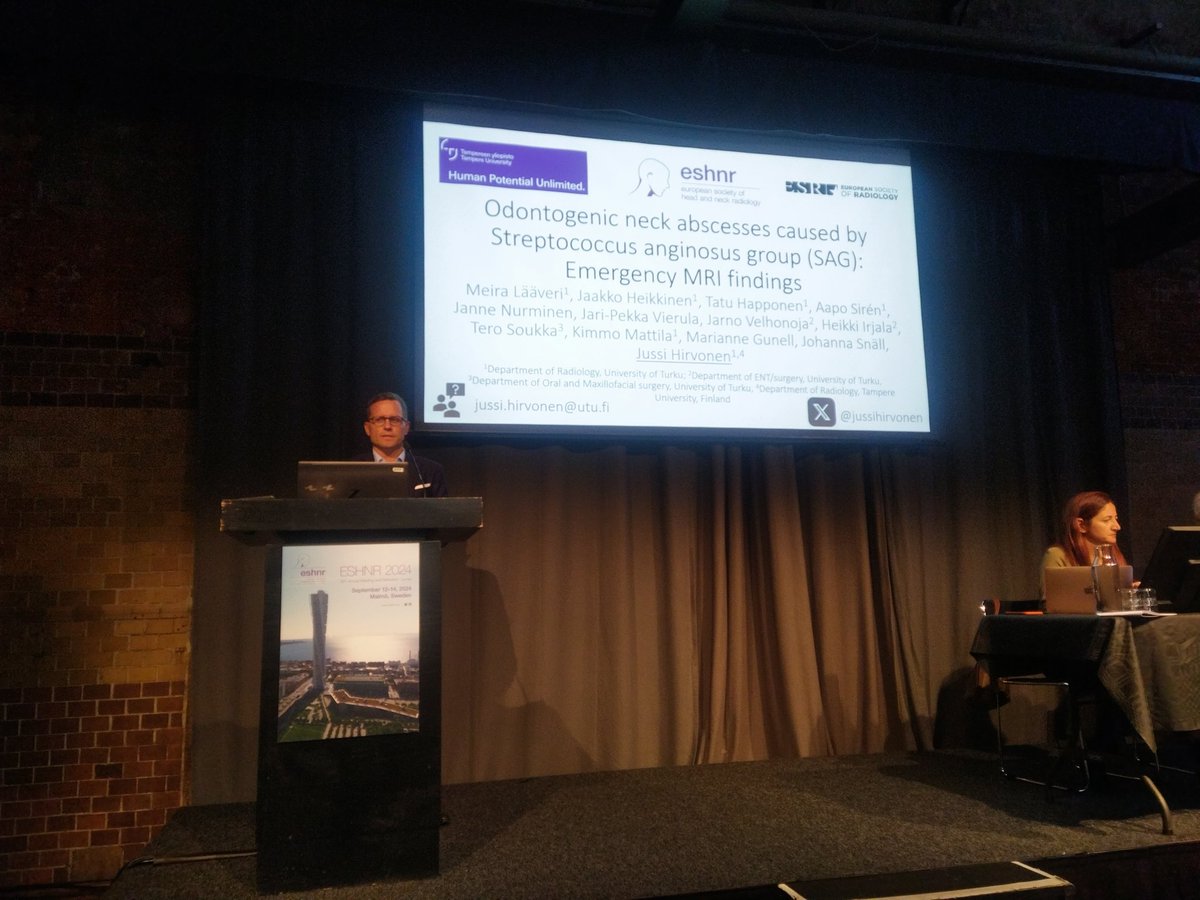 Umida Abdullaeva (@umida_rad) on Twitter photo <a href="/jussihirvonen/">Jussi Hirvonen</a> presenting Emergency MRI findings of odontogenic neck abscesses caused by SAG.
Scientific oral presentation session 2 <a href="/jussihirvonen/">Jussi Hirvonen</a> presenting Emergency MRI findings of odontogenic neck abscesses caused by SAG.
Scientific oral presentation session 2