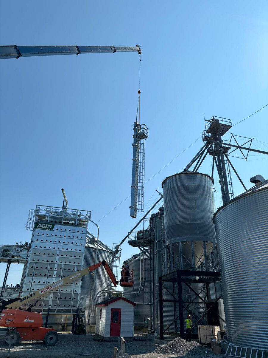 Time for a leg up? A beautiful day for craning up an AGHS Bucket Elevator Leg, 10,000BPH and 85' discharge height, designed, fabricated, installed and supported by Advanced Grain Handling Systems