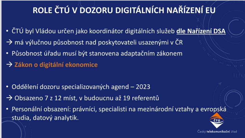 S kolegyněmi Pavlou Keriakos a Noemi Rákossyovou hodnotíme na společném semináři s <a href="/caek_cz/">caek</a> náš první rok v roli Národního digitálního koordinátora dle DSA. Oznámili jsme dnes záměr <a href="/ctu_cz/">ČTÚ</a> ustavit poradní odborný DSA panel pro užší diskusi se všemi zainteresovanými stranami.