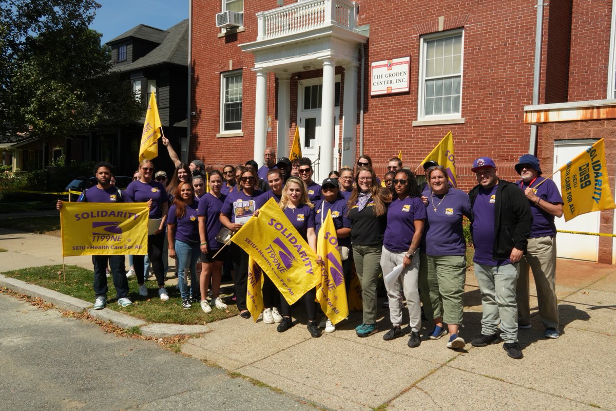 SEIU1199_NE's tweet photo. ☀️ 📢 This morning, Groden Center caregivers began day two of their three day strike. These dedicated, professionals have devoted their lives to working with kids on the autism spectrum and and they deserve a #LivingWage and a #FairContact #GrodenCenterStrike https://t.co/1Bw3OxM4IK