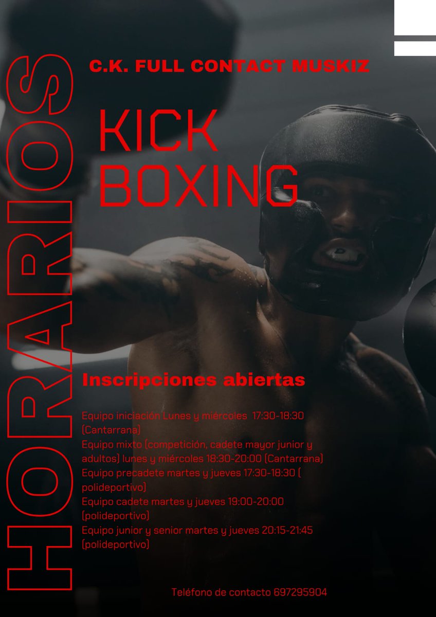 Si deseas conocernos, conocer y practicar nuestro deporte : 
📣Inscripciones abiertas
🕔Horarios
📍Muskiz: Polideportivo y Cantarrana Eskola 
#Muskiz #Kickboxing #fighter