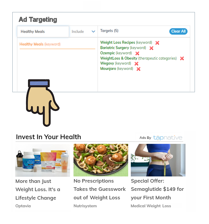 TapNative's tweet photo. GLP-1 ad dollars have sparked a flurry of buzz. Smart Marketers are adding keyword targets like Wegovy, Maunjaro, Ozempic and other high intent brands. Yes, marketers are allowed to use other org's brand names in their keyword targeting, just not in their ad's creatives. https://t.co/ysMq2y9sSZ