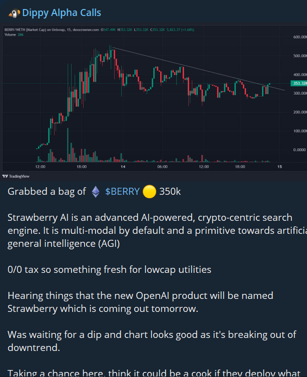 dippy_eth's tweet photo. Last months we had some crazy bangers and Dippy community should be eating good
I have shared some plays which brought massive rewards to those who followed.
Few of the bangers were:
$BERRY 350k => 10M
$TARO 80k => 1.5M
$HUSBY 1.5M => 8M
$BONZI 300k => 3.5M
#VISTADOG 440k => 3.5M
$MNTA 350k => 3.5M
$XEBOX 58k => 350k
and multiple 2-3x calls
I post most of my gamble quickflip plays in my TG so I invite you to join and print with me (link in the comment below)
We have some good plays running which are still near entry
$BGPU - $POSHI - $SECT - $XRPEPE - $AAI
Are you in yet, bro?